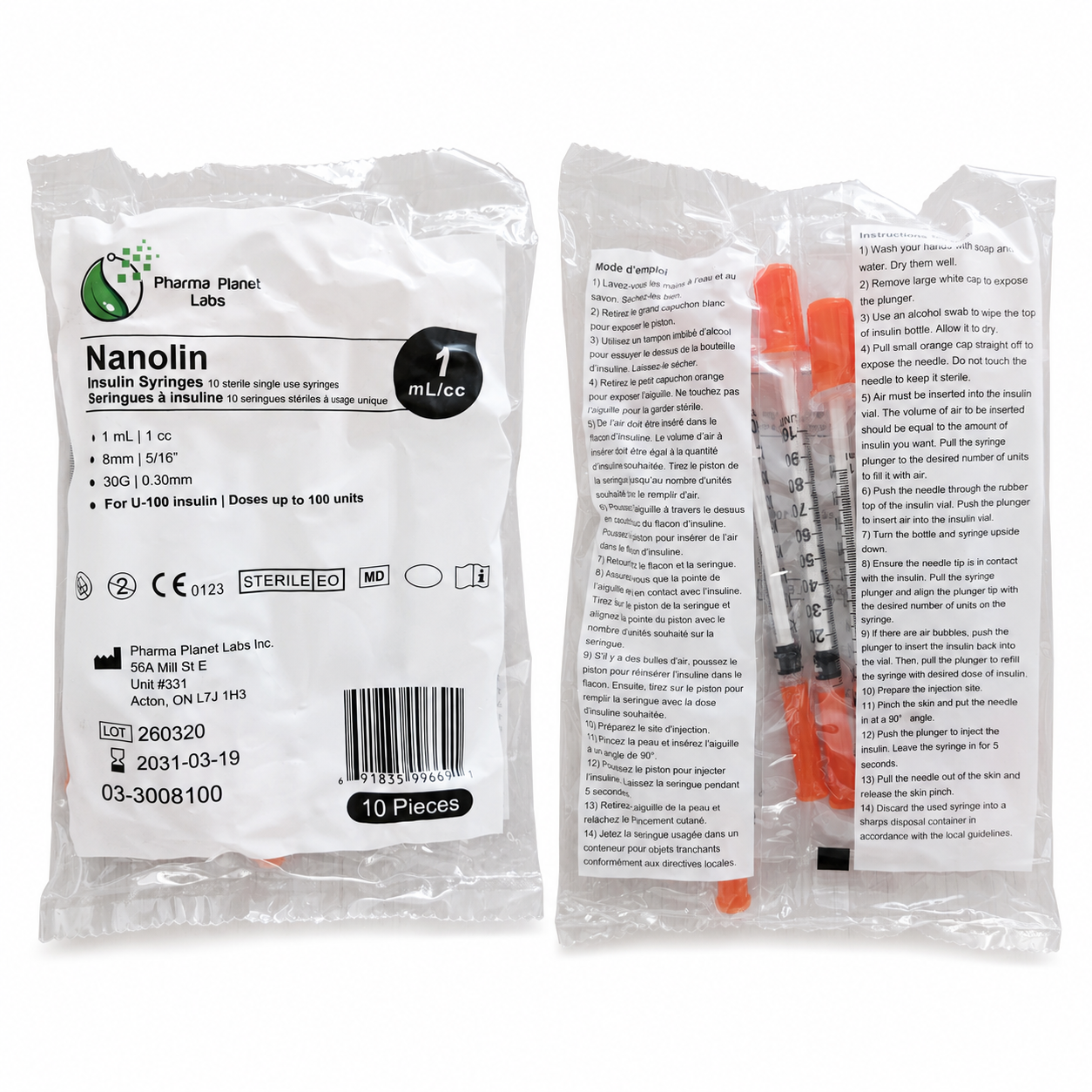 10-pack insulin syringes front and back